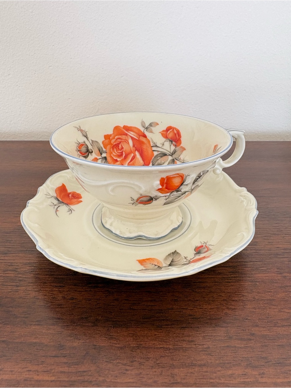 Antique Schumann 1924 Cream Tea Cup & Saucer with Orange Rose Motif